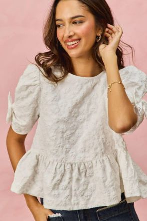 So Me Floral Jacquard Short Sleeves Peplum Ribbon Top In White