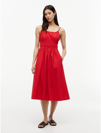 Tommy Hilfiger Womens Shirred Poplin Midi Dress - Red - XXL