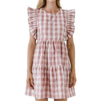 English Factory Gingham Ruffle Minidress in Mauve at Nordstrom Rack, Size X-Small