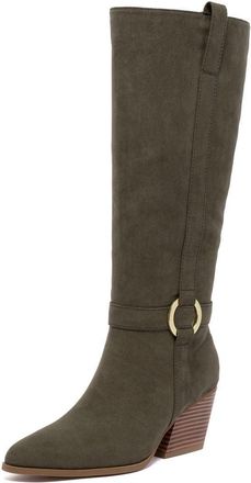SUGAR Womens Tall Boots - Knee-High Vegan Leather Riding Boots with Pull-On/Side Zipper Entry, Decorative Straps, and Block Heel, Olive Soft-chatter, 4.5 UK