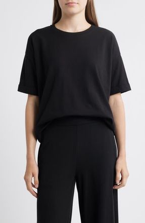 Eileen Fisher Cuffed Sleeve Cotton Crewneck T-Shirt in Black at Nordstrom, Size X-Large