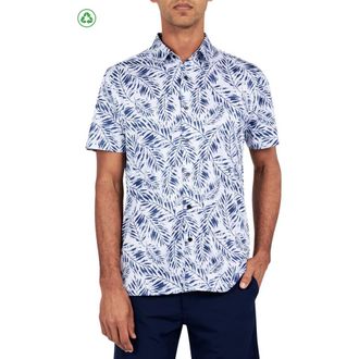 ConStruct Regular Fit Leaf Print Recycled Performance Golf Button-Down Shirt in White/blue at Nordstrom, Size Xxx-Large