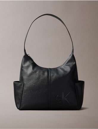 Calvin Klein Womens Embossed Monologo Pocket Shoulder Bag - Black
