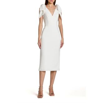 Mac Duggal Bow Strap Crepe Fitted Midi Dress in Ivory at Nordstrom, Size 10
