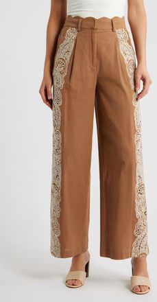 Ciebon Celena Embroidered Detail Cotton Pants in Brown/Cream at Nordstrom, Size Small