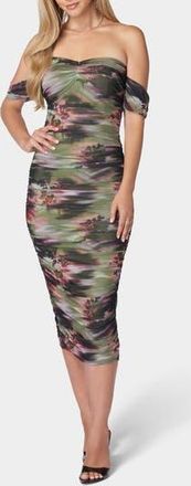 Bebe Off-the-Shoulder Ruched Midi Dress in Olive Multi at Nordstrom Rack, Size X-Large