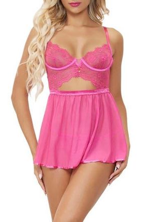 Seven til Midnight Mesh & Lace Babydoll Chemise & Panty Set in Pink at Nordstrom Rack, Size Small
