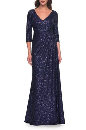 La Femme Long Sequin Gown with Ruching and Draped Skirt in Navy at Nordstrom, Size 12