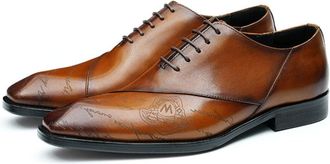 Generic Mens Low Block Heel Office Dress Shoes Square Toe Patent Leather Oxfords Lace Up Business Work Shoes,Brown,8.5 UK