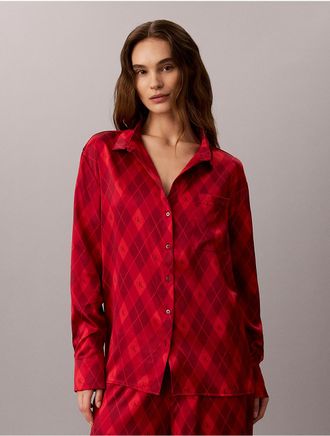 Calvin Klein Womens Satin Button-Down Sleep Shirt - Red - XL