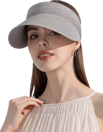 Feoya Straw Sun Hat Women Wide Brim Visor UV Protection Beach Summer Cap Adjustable Ponytail Hole Beach Hat Packable Outdoor Vacation Straw Golf Cap Grey On