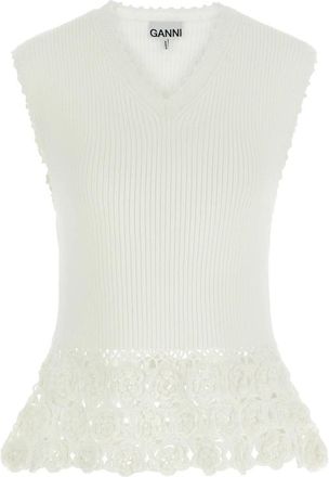 Ganni Cotton Crochet Vest - Dames - V-hals truien - Wit - XS - Katoen - Truien & Vesten