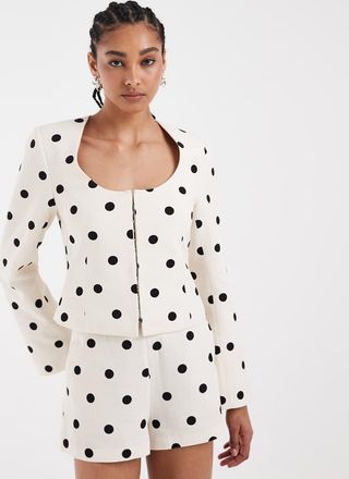 Asos Blazer con scollo rotondo in misto lino crema a pois-Multi