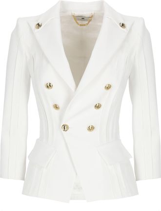 Elisabetta Franchi Ivory Double-Breasted Logoed Blazer
