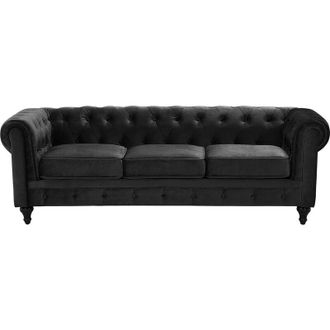 Beliani Sof&aacute; Chesterfield Tapizado En Tela De Terciopelo Negro Patas De Madera Oscura 3 Plazas Estilo Cl&aacute;sico Chesterfield