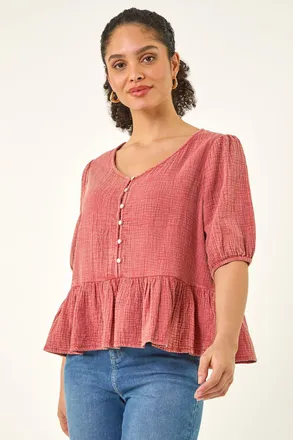 Roman Buttoned Front Peplum Top