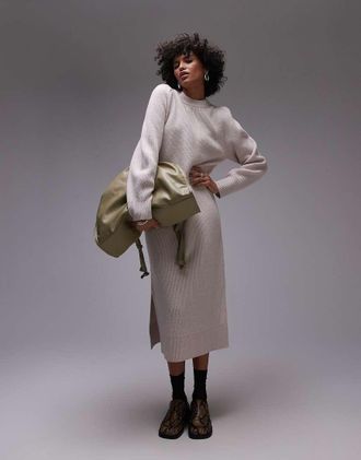 & Other Stories Vestito in lana color beige chiaro con maniche a sbuffo e gonna al polpaccio-Neutro