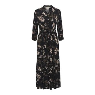 Cream Herfstbloemen Lange Jurk met V-Hals - Dames - Casual kleedjes - Zwart - S/M - Kleedjes