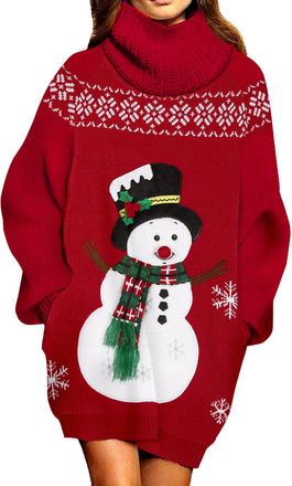 Pink Queen Womens Oversized Jumper Dress Turtleneck Chunky Knit Christmas, chestnut, XL