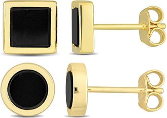 Amour Mens 2-Piece Set 1 5/8ct TGW Black Onyx Square and Round Stud Earrings in Yellow Silver
