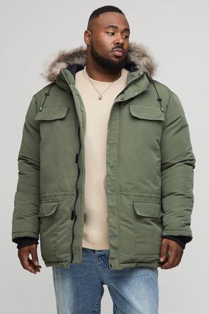 Boohooman Mens Plus Faux Fur Hooded Arctic Parka Jacket in Black - Khaki - Size 2XL