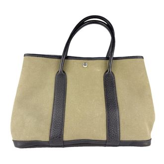 Herm&egrave;s Dark Brown Khaki Canvas Leather Handbag Tote Bag (Pre-Owned)