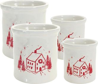Melrose International Set Of 4 Ceramic Crock With Snowy House Scene