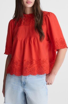 Madewell Embroidered Pintuck High Neck Cotton Voile Top in Wild Poppy at Nordstrom, Size Xx-Small
