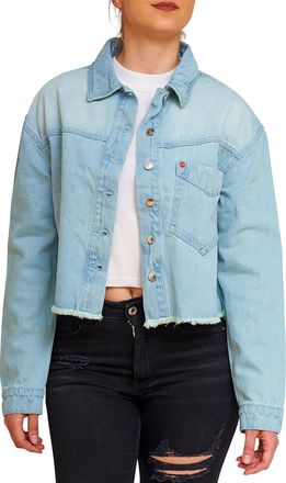 Generic Women Cropped Distressed Denim Jackets, Ladies Regular Fit Heavy Enzyme Wash Frayed Jeans Top Long Sleeve Girls Casual Summer Outwear - Sky Blue - X-L