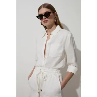 Karen Millen Linen Blend Long Sleeve Shirt in White at Nordstrom, Size 10