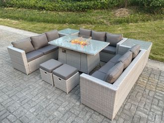 Fimous Light Grey U Shape Lounge Sofa Dining Set With Gas Fire Pit Dining Table Garden Furniture Set Heater Burner