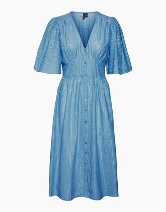 Vero Moda Womens Ines Lurex V-Neck Midi A-Line Dress - Blue - Size: 8