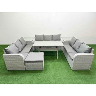 Fimous Pe Rattan Lounge Sofa Set 10 Seater Outdoor Garden Furniture Set with Rectangular Dining Table 3 Seater Sofa Big Footstool 2 Side Table Light Grey