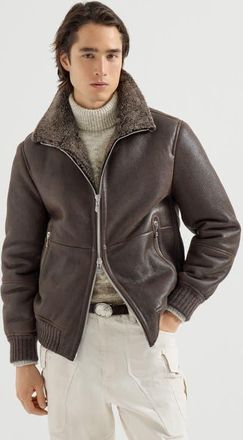 Brunello Cucinelli Vintage-effect shearling bomber jacket in Brown at Nordstrom, Size Xxx-Large