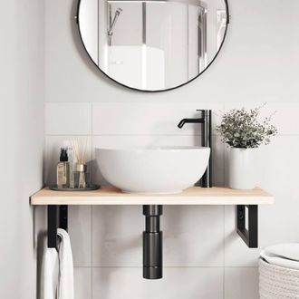 Berkfield Home Elegant Basin Shelf Wall Mounted Steel & Solid Wood Oak in Natural
