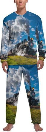 Generic Steam Train Crosses A Green Lawn Mens Pajama Set Comfy Pj Sets Long Sleeve Shirts And Bottoms Soft Sleepwear Loungewear Sleep Sets 2XL