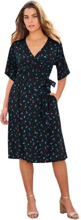 Roaman's Plus Size Short Sleeve Wrap Fit And Flare Dress in Black Multi Dots at Nordstrom, Size 36
