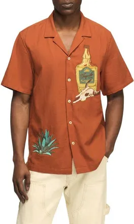 Lucky Brand Tequila & Cow Skull Embroidered Slub Cotton Camp Shirt in Ginger Bread at Nordstrom, Size Large