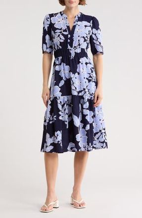 Eliza J Floral Short Sleeve Fit & Flare Midi Dress in Navy at Nordstrom Rack, Size 12