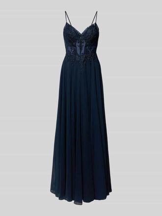 Luxuar Fashion Abendkleid mit floralem Spitzenbesatz in Dunkelblau, Gr&ouml;&szlig;e 46