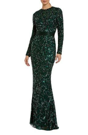 Mac Duggal Long Sleeve Embellished Sequin Gown in Forest Green at Nordstrom, Size 16