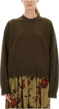 Uma Wang Distressed Knit Crewneck Sweater - Dames - Cashmere truien - Groen - L - Kasjmier - Truien & Vesten