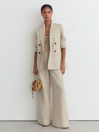 Reiss Neutral Petite Linen Double-breasted Suit Blazer, 14