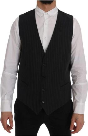 Dolce & Gabbana Elegante Grijze Gestreepte Herenvest - Heren - Gillet - Grijs - XL - Katoen - Kostuums