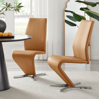 Furniturebox Set of 2 Willow Contemporary Z Shaped Faux Leather Dining Chairs With Silver Chrome Metal Legs in Mustard