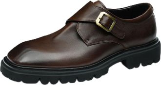 Generic Mens Square Toe Formal Dress Shoes Faux Leather Monk Strap Loafers with Buckle Chunky Block Heel Platform Wedding Shoes,Brown,5.5 UK