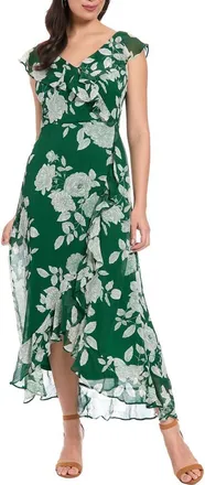 London Times Ruffle Trim High/Low Maxi Dress in Dark Green/White at Nordstrom Rack, Size 12P