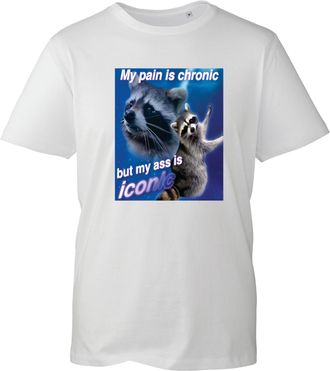 Generic Funny Raccoon Meme T-Shirt - My Pain is Chronic But Iconic Graphic Tee Sarcastic Novelty Shirt Internet Humor Top (White, L)