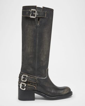 Chlo&eacute; Dakota Burnished Leather Knee-High Moto Boots