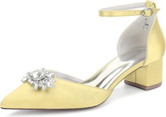 Generic Womens Shoes Evening Low Heel Bridal Wedding Pumps Satin Chunky Heels Prom Party Dress Pumps 4.5Cm,Yellow,10 UK